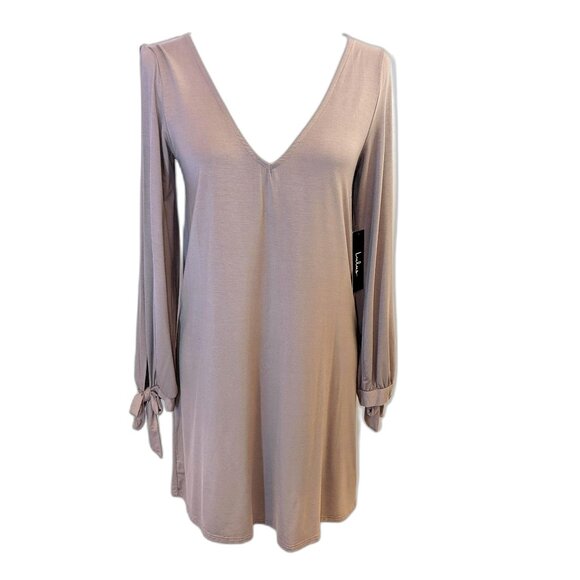 NWT Lulus | Deep V Shift Dress Glory Of Love in Mocha Mousse Taupe | Size Small - Picture 4 of 13